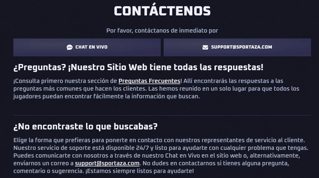 Sportaza casino atención al cliente y métodos de contacto Sportaza casino página de contacto con chat en vivo y soporte al cliente